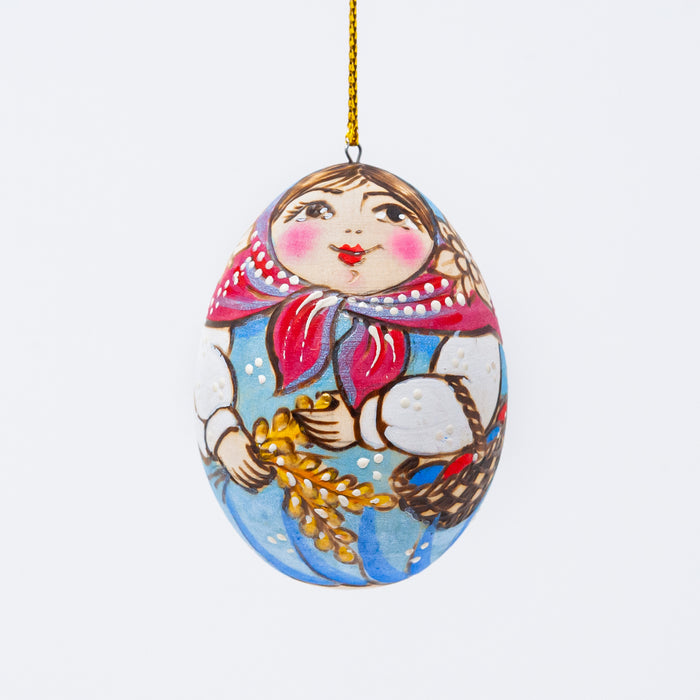 Wood-burned Hand-painted Russian Beauty with Easter Basket Wooden Egg