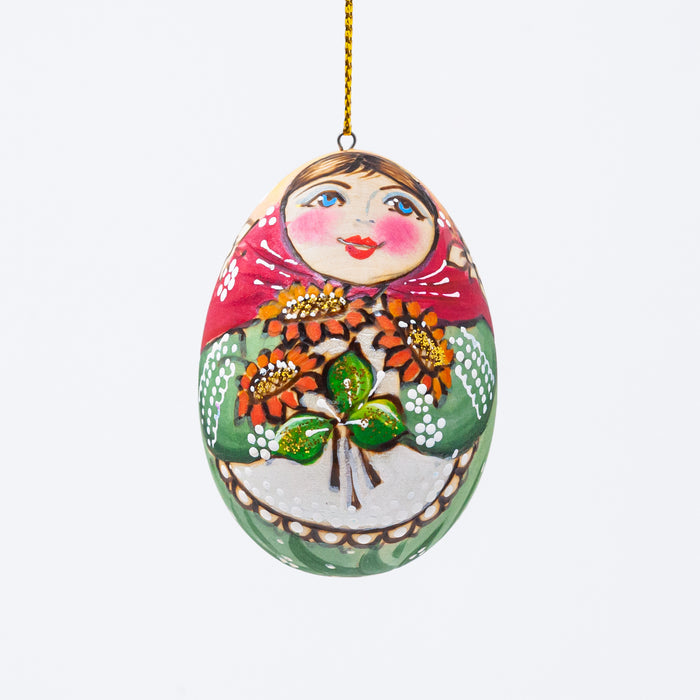 Wood-burned Hand-painted Russian Beauty with Red Flowers Wooden Egg