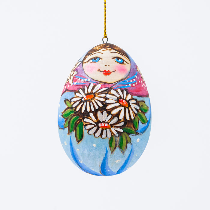 Wood-burned Hand-painted Russian Beauty with Daisys Wooden Egg