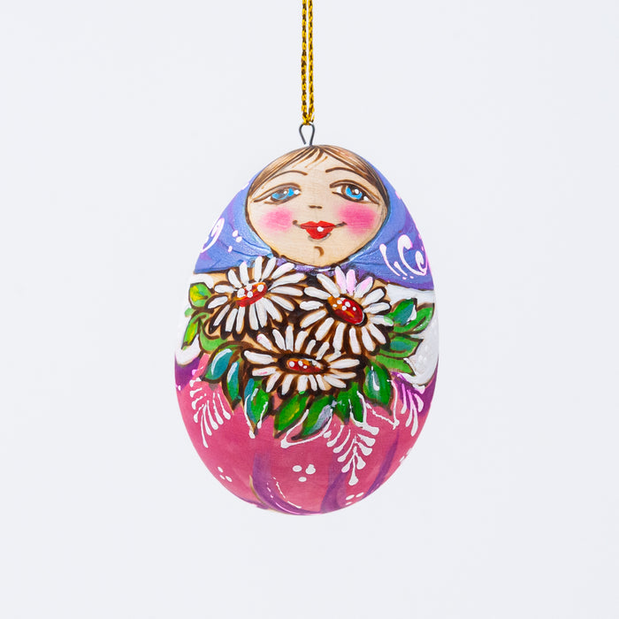 Wood-burned Hand-painted Russian Beauty with Daisys Wooden Egg